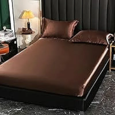 1 Set (4 Pcs) Satin Silk Bed Set- Color: Dark Chocolate Brown