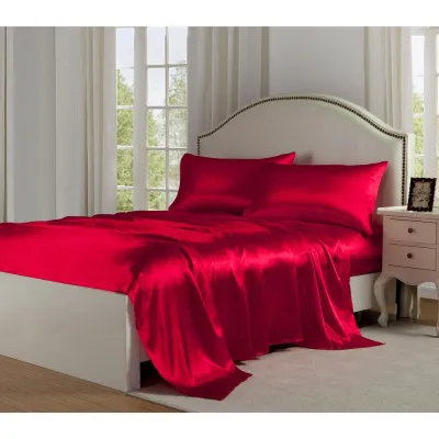1 set (4 Pcs) Satin Silk Bed Set- Color: Red