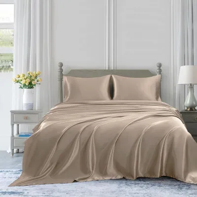 1 Set (4 Pcs) Satin Silk Bed Set- Color: Sand Beige (Gold)
