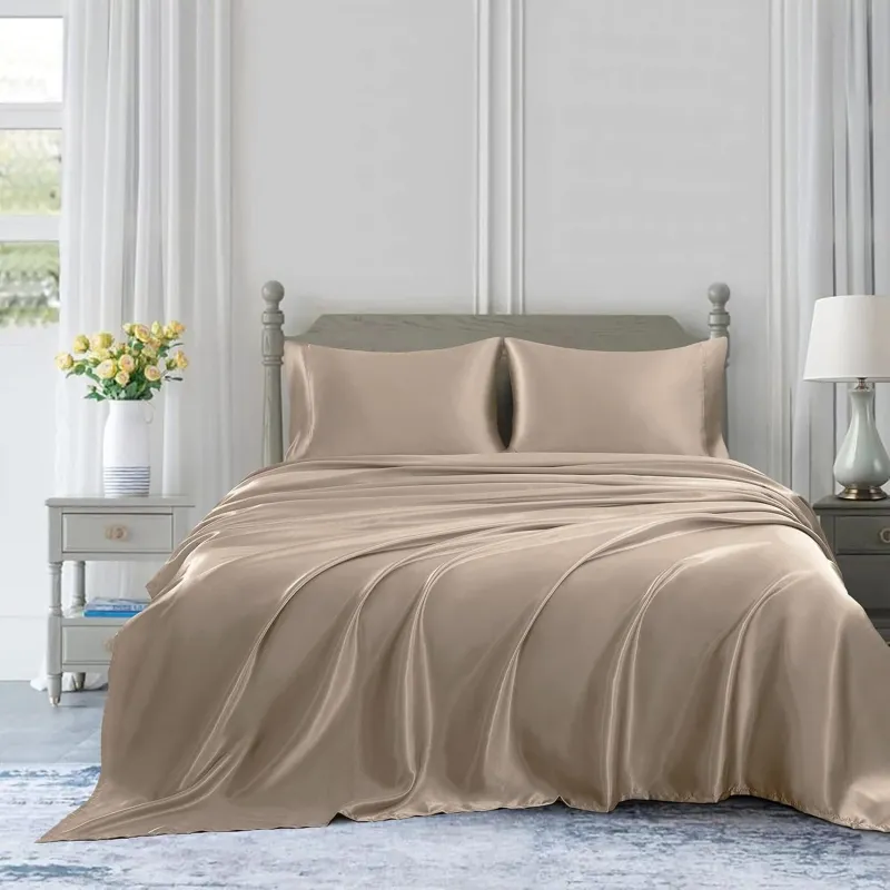 1 Set (4 Pcs) Satin Silk Bed Set- Color: Sand Beige (Gold)